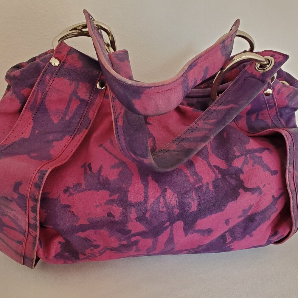 Kooba Leather Purse Hobo Handbag purple navy blue fuscia pink painted tie dyed